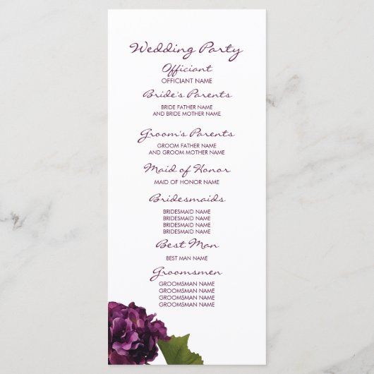 Paarse Hortensia Wedding Programma (Achterkant)