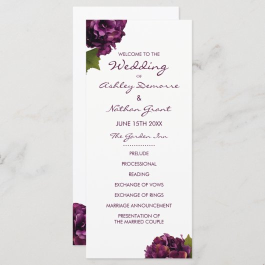 Paarse Hortensia Wedding Programma (Voorkant / Achterkant)