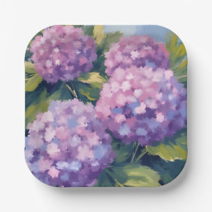 Paarse Hortensia's Bloemenschildering in Waterverf Papieren Bordje