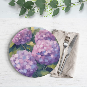 Paarse Hortensia's Bloemenschildering in Waterverf Papieren Bordje