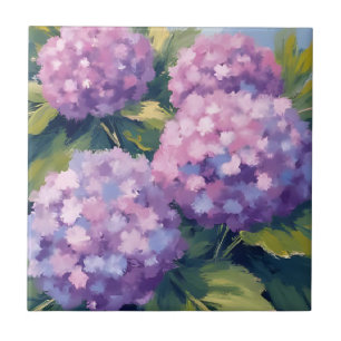Paarse Hortensia's Bloemenschildering in Waterverf Tegeltje