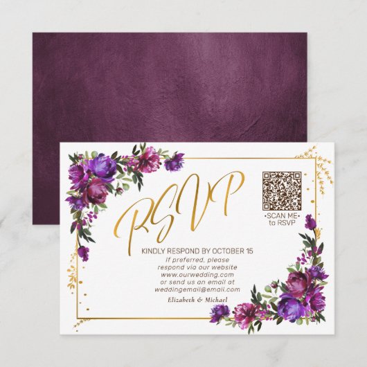 Paarse hotroze Floral Gold Script QR-code RSVP Kaartje (Voorkant / Achterkant)