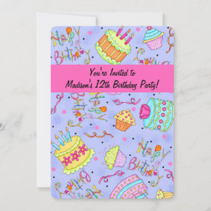 Paarse hotroze Tween's 12e verjaardag uitnodiging