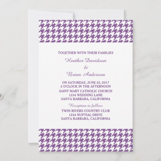 Paarse Houndstooth Wedding Invite Kaart (Voorkant)