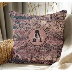 Paarse Hout Zwart Bloemen Rustiek Monogram Kussen