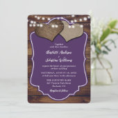 Paarse Houten Burlap Hearts String Lights Wedding Kaart (Staand voorkant)
