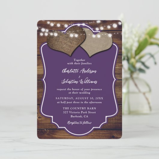 Paarse Houten Burlap Hearts String Lights Wedding Kaart (Staand voorkant)