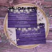Paarse houten string verlichting script bruiloft d informatiekaartje