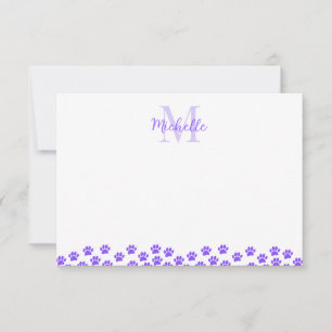 Paarse huisdierpootafdrukken Aangepaste monogram S Notitiekaartje