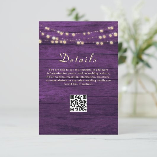 Paarse Huwelijksdetails QR Code Informatiekaartje (Staand voorkant)