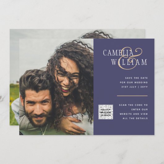 Paarse Huwelijksuitnodiging QR Code Bewaar Datum F Kaart (Voorkant / Achterkant)