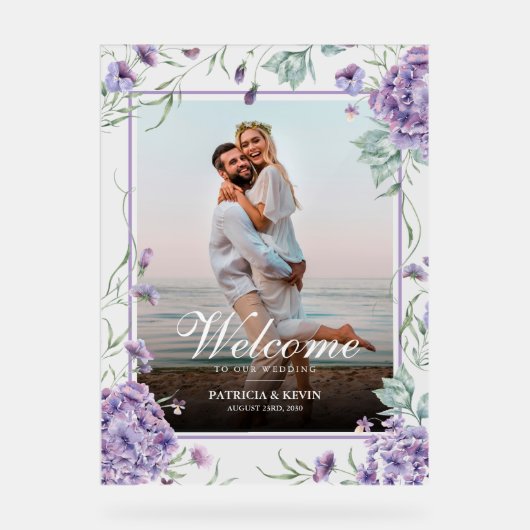 Paarse Hydrangea Bloemige Trouwfoto Welkom Acryl Bord (Voorkant)