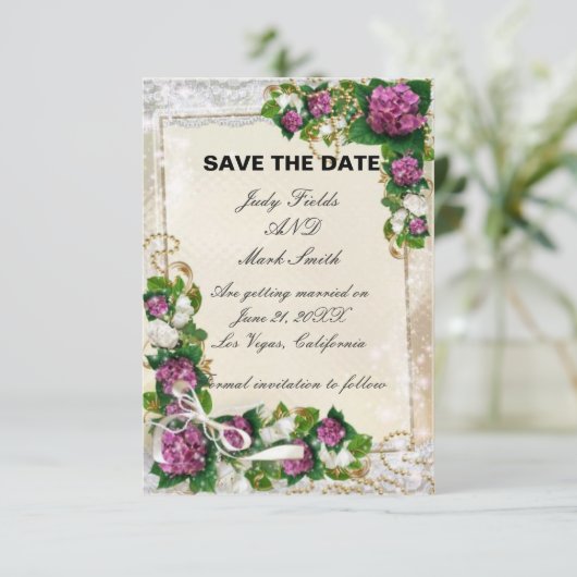 Paarse Hydrangea En Kant Save The Date Kaart (Staand voorkant)