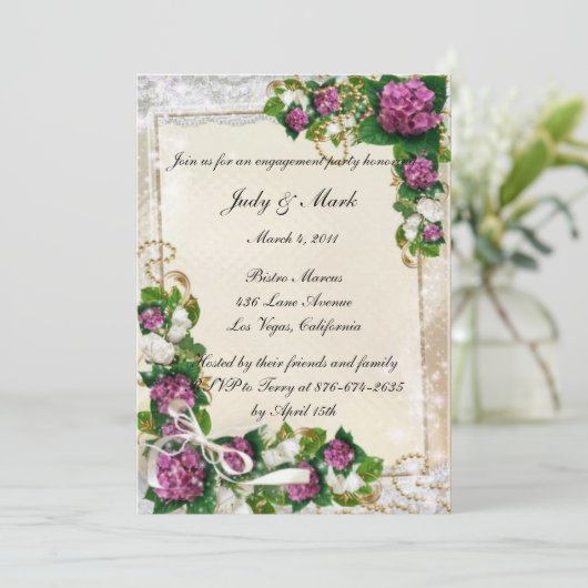 Paarse Hydrangea en Lace Engagement Party uitnodig Kaart (Staand voorkant)