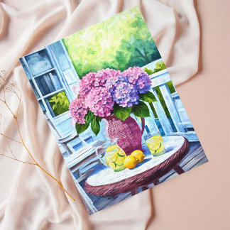 Paarse Hydrangea met limonade op rieten veranda Briefkaart