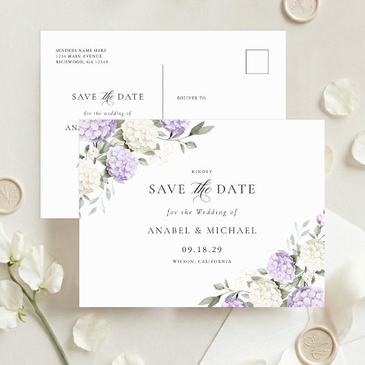 Paarse Hydrangea Save the Date Uitnodigingsbriefka Aankondigingskaart