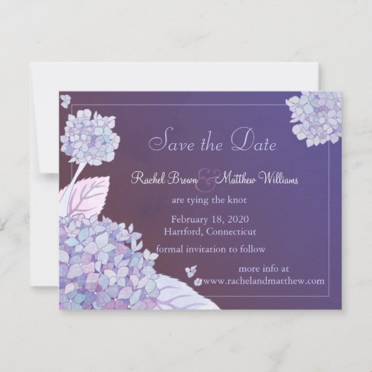 Paarse hydrangeas Floral Wedding Save the Date (Voorkant)