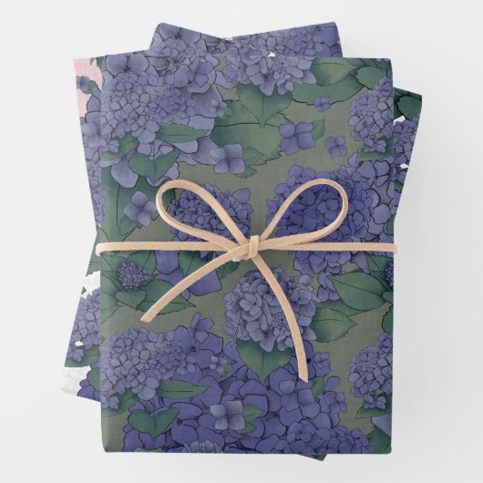 Paarse Hydrangeas Gift Wrap - reeks 3 Inpakpapier Vel (In situ)