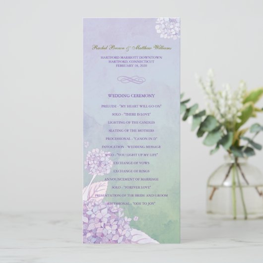 Paarse Hydrangeas Lang Verticaal Huwelijksprogramm Programma (Staand voorkant)