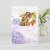 Paarse hydrangeas Wedding Foto Save the Date (Staand voorkant)