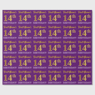 Paarse, imitatie Gold look "14e BIRTHDAY" Cadeaupapier