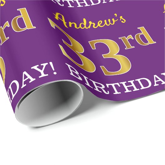 Paarse, imitatie Gold look "33e BIRTHDAY" Cadeaupapier (Rol Hoek)