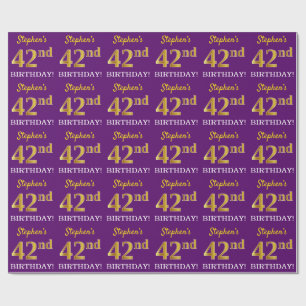 Paarse, imitatie Gold look "42e BIRTHDAY" Cadeaupapier