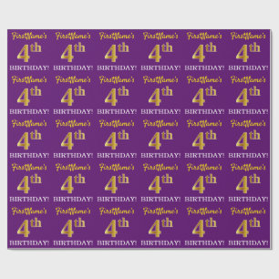 Paarse, imitatie Gold look "4e BIRTHDAY" Cadeaupapier