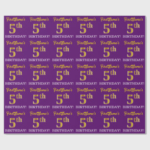 Paarse, imitatie Gold look "5e BIRTHDAY" Cadeaupapier