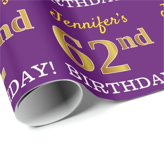 Paarse, imitatie Gold look "62e BIRTHDAY" Cadeaupapier (Rol Hoek)