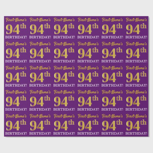 Paarse, imitatie Gold look "94e BIRTHDAY" Cadeaupapier (Vlak)