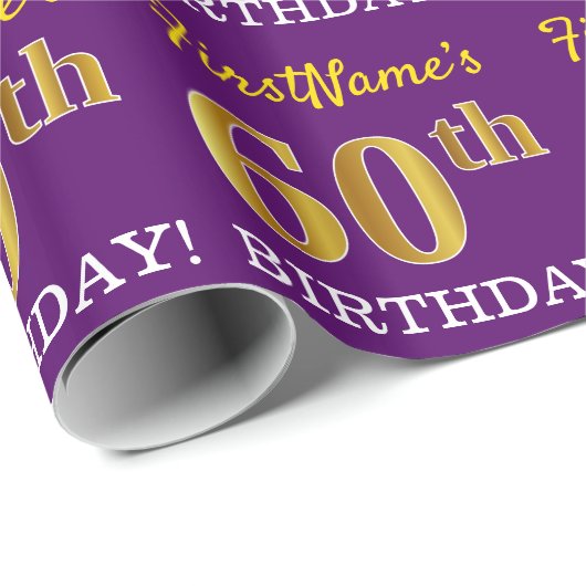 Paarse, Imitatie Gouden look "60e VERJAARDAG" Cadeaupapier (Rol Hoek)