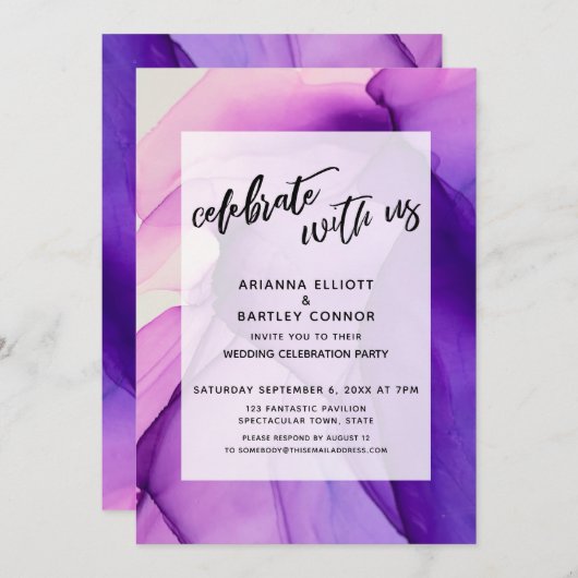 Paarse Inkten Feest met Ons Trouwreceptie Kaart (Voorkant / Achterkant)