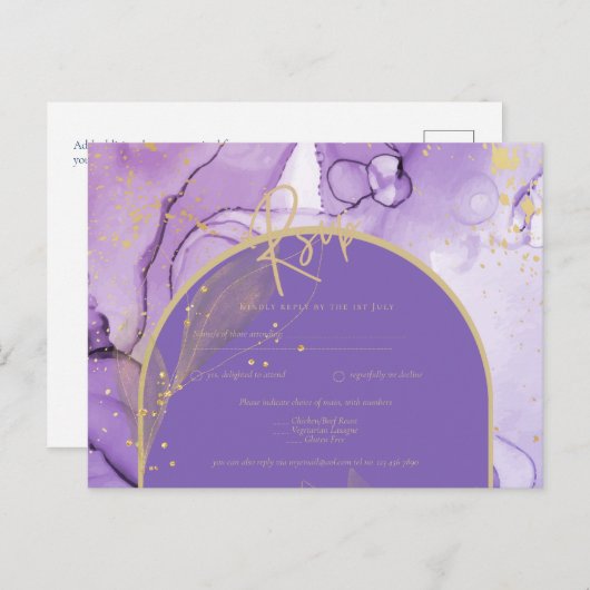 Paarse inktlavendel en gouden Paarse bruiloft RSVP Briefkaart (Voorkant / Achterkant)