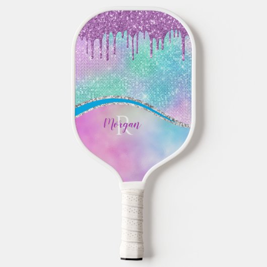 Paarse Iridescent & Glitter Drivers, naam en monog Pickleball Paddle (Achterkant)