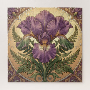 Paarse Iris Bloem Art Nouveau Sierlijke Lijst Legpuzzel
