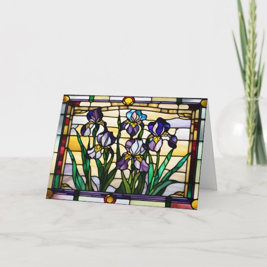 Paarse Iris Bloemen Gebrandschilderd Glas Kaart (Voorkant)