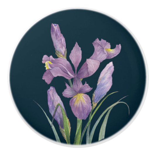 Paarse Iris Botanical Floral Plain Dark Turquoise Keramische Knop (Voorkant)