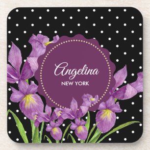 Paarse Iris Botanische Black White Polka Dots Bier Onderzetter