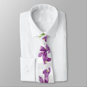 Paarse Iris Botanische Bloemen Grijs Witte Strepen Stropdas