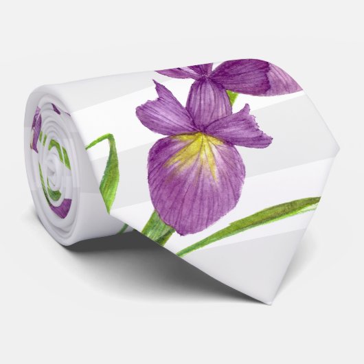 Paarse Iris Botanische Bloemen Grijs Witte Strepen Stropdas (Opgerold)