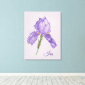 Paarse iris, botanische stijl, gekleurde potloodku canvas afdruk (Insitu (Houten vloer))