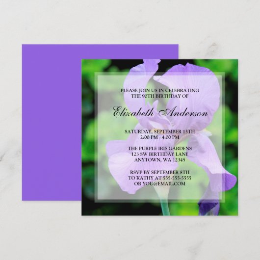Paarse Iris Flowers 90th Birthday Party Kaart (Voorkant / Achterkant)