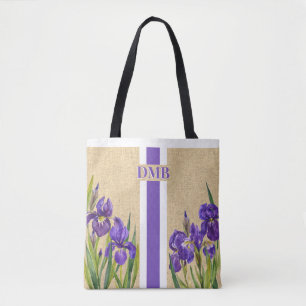 Paarse Iris Flowers Monogram Faux Burlap Jute Draagtas