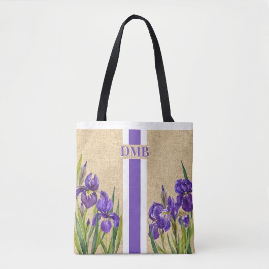 Paarse Iris Flowers Monogram Faux Burlap Jute Draagtas (Voorkant)