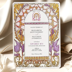Paarse Iris & Gele Lelie Art Nouveau Bruiloft Kaart