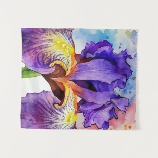 Paarse iris in Waterverf Wandkleed (Voorkant (horizontaal))