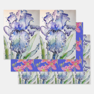 Paarse Iris maakt bloemen Waterverf schilderkunst Inpakpapier Vel