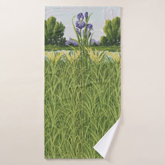 Paarse Iris ventilator + groen veld botanisch Badhanddoek (Badhanddoek)