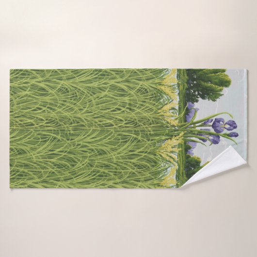 Paarse Iris ventilator + groen veld  botanisch Badhanddoek (Badhanddoek)